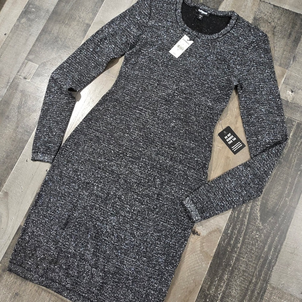 Express Metallic Silver Black XS Long Sleeve Bodycon Knit Midi Dress NWT Glam